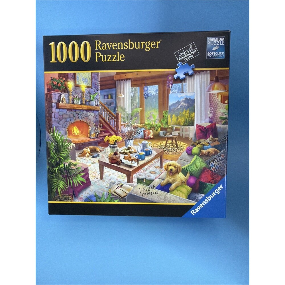 Ravensburger 1000 Piece Puzzle "Cozy Cabin" (2020) Dogs Cats 1 Piece Missing